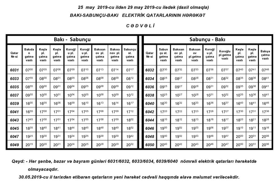 Bakı-Sabunçu-Bakı qatarının hərəkət cədvəli açıqlandı 