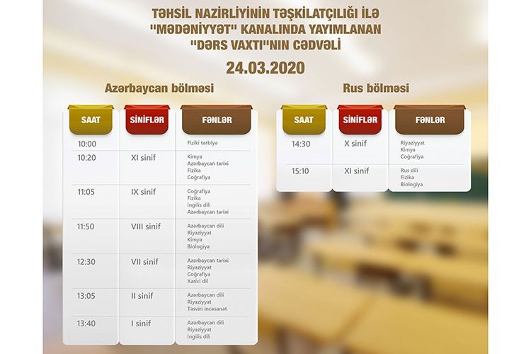 Təhsil Nazirliyi teledərslərin martın 24-nə olan CƏDVƏLİ