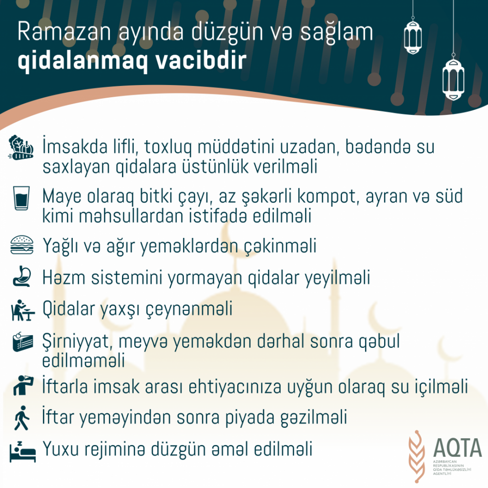 Ramazanda balanslı və sağlam qidalanmaq vacibdir - AQTA-dan tövsiyələr