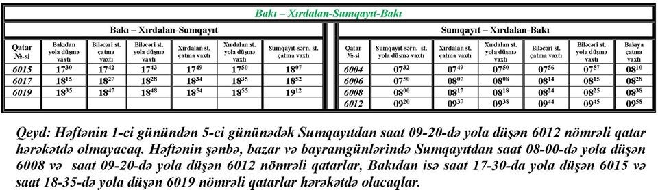 Bu xətt üzrə qatarların sayı artırıldı - CƏDVƏL