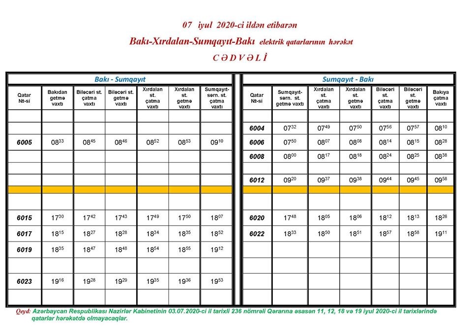 Bir sıra elektrik qatarlarının hərəkəti dayandırılacaq - CƏDVƏL