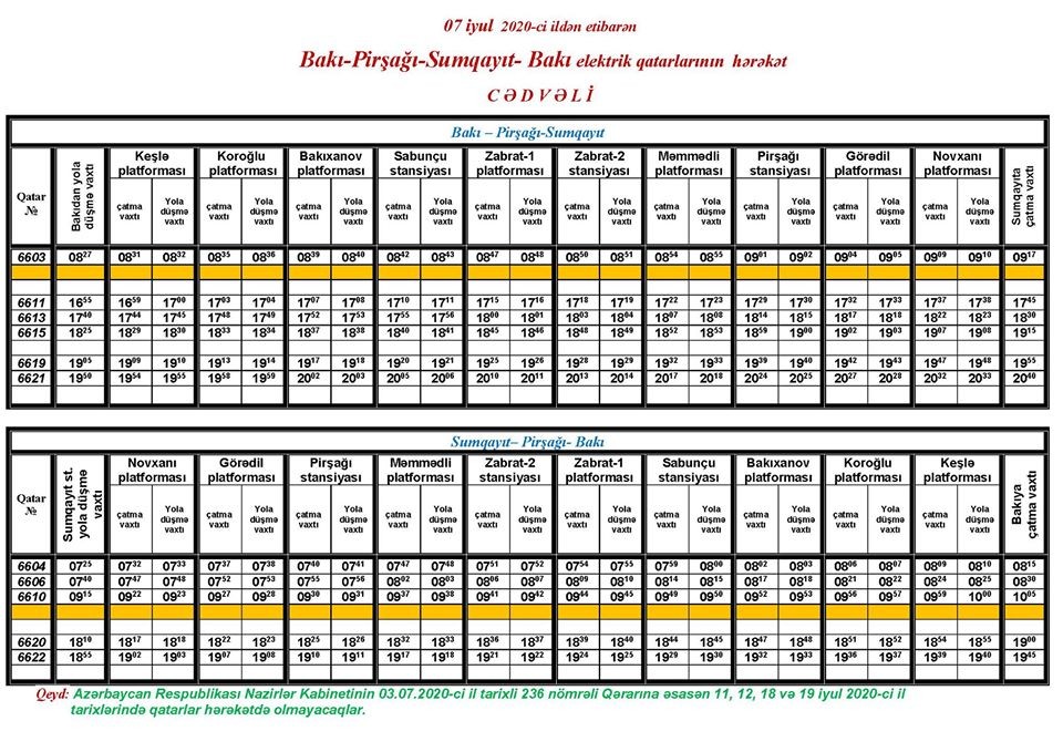 Bir sıra elektrik qatarlarının hərəkəti dayandırılacaq - CƏDVƏL