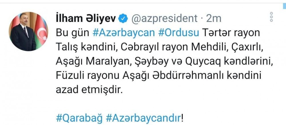 Tərtər, Cəbrayıl və Füzulinin bu kəndləri işğaldan azad olundu