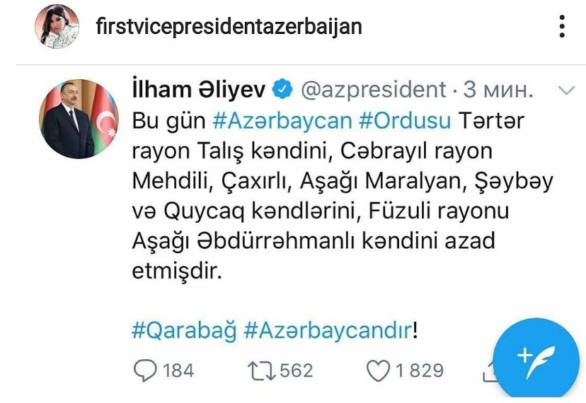 Mehriban Əliyevadan PAYLAŞIM - Kəndlərin azad olunması ilə bağlı