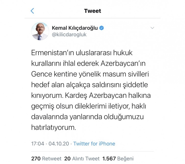 “Azərbaycanın haqlı davasında yanındayıq”- Kılıçdaroğlu