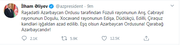 Daha 6 kənd işğaldan azad edildi - İlham Əliyevdən növbəti ŞAD XƏBƏR