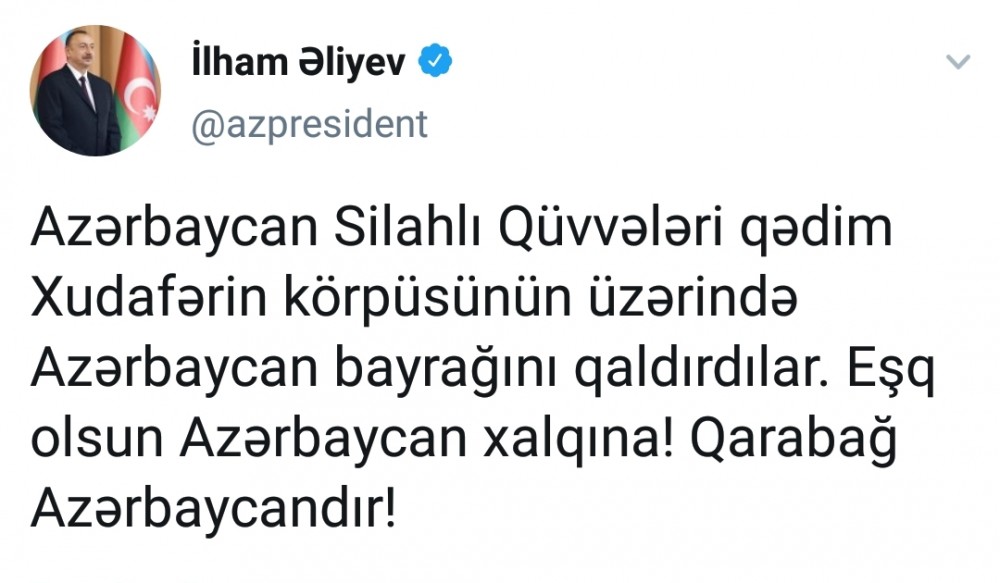 Azərbaycan bayrağı Xudafərinə sancıldı - Prezident açıqladı
