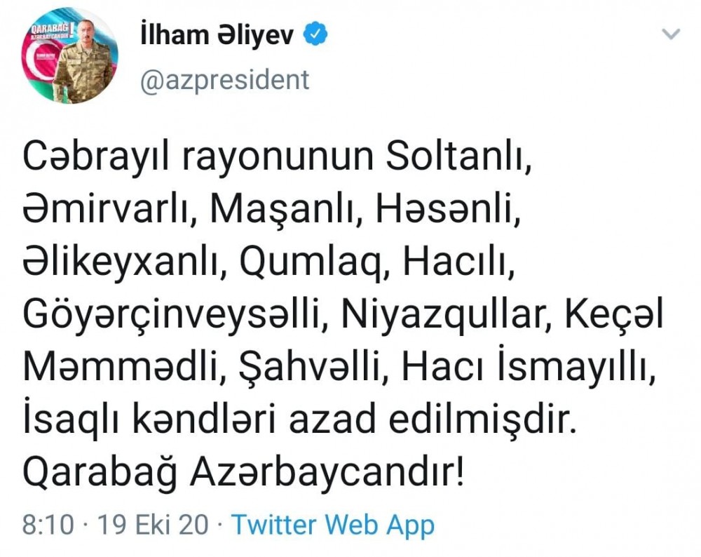 Bu kəndlər də işğaldan azad edildi - Prezidentdən yeni tvit