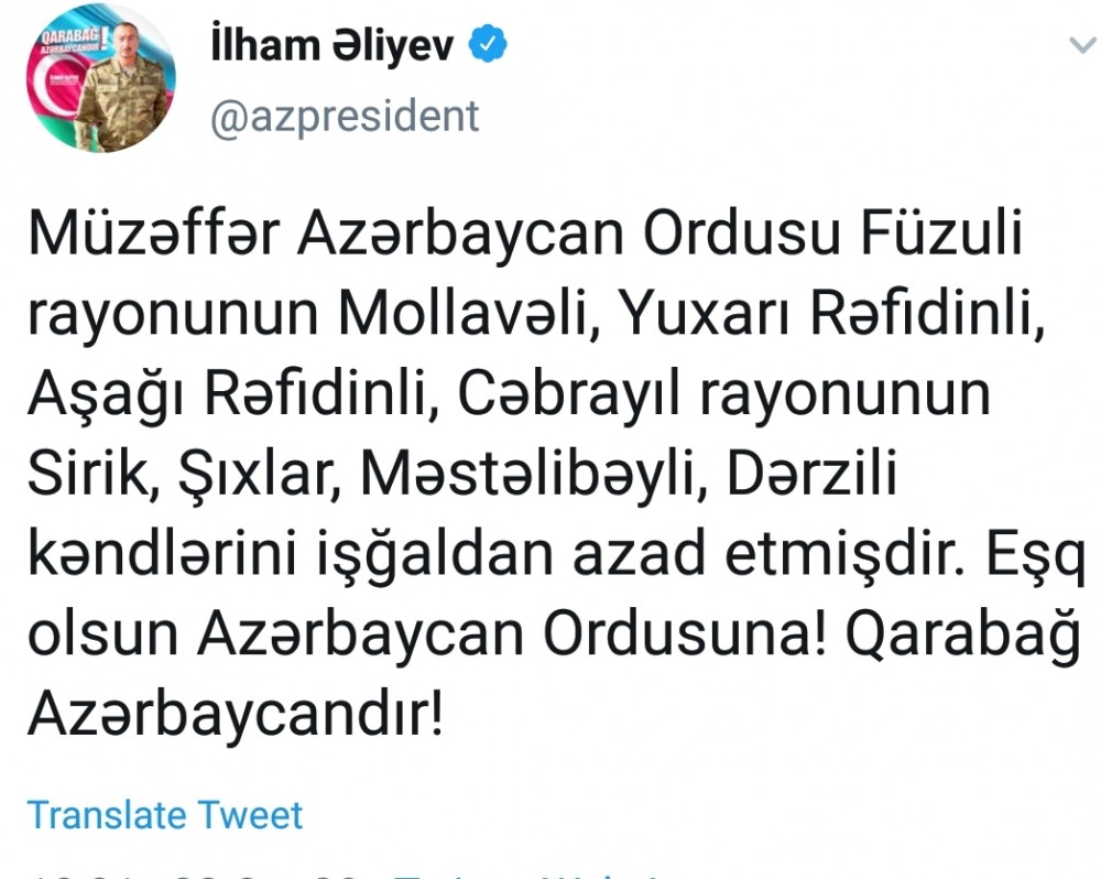 Füzuli və Cəbrayılın bu kəndləri də işğaldan azad edildi – Prezident açıqladı