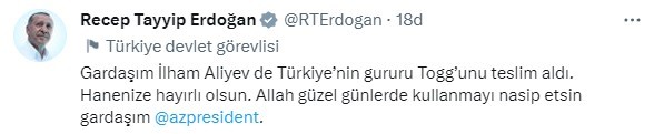 "Allah xeyirli günlərdə istifadə etməyi nəsib etsin, qardaşım" - Ərdoğandan Prezidentə