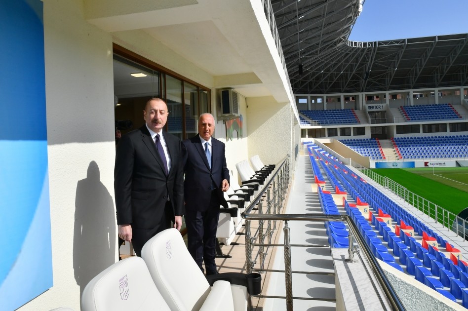 Prezident Sumqayıt şəhər stadionunda yaradılan şəraitlə tanış oldu - FOTOLAR