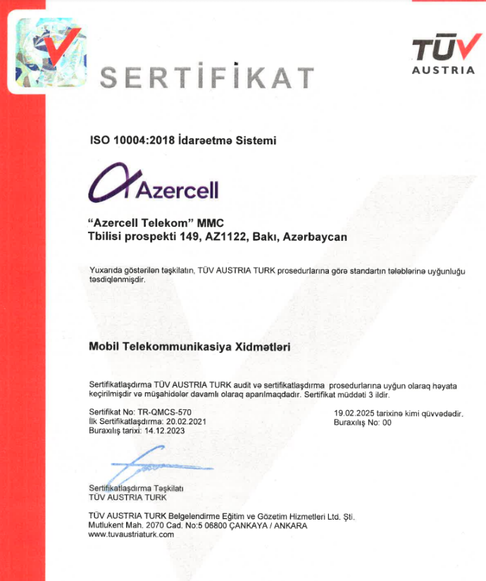 "Azercell" keyfiyyətin idarə olunması üzrə beynəlxalq sertifikata layiq görüldü - FOTO
