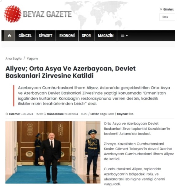 Türkiyə mediası İlham Əliyevin Qazaxıstan səfərindən YAZDI