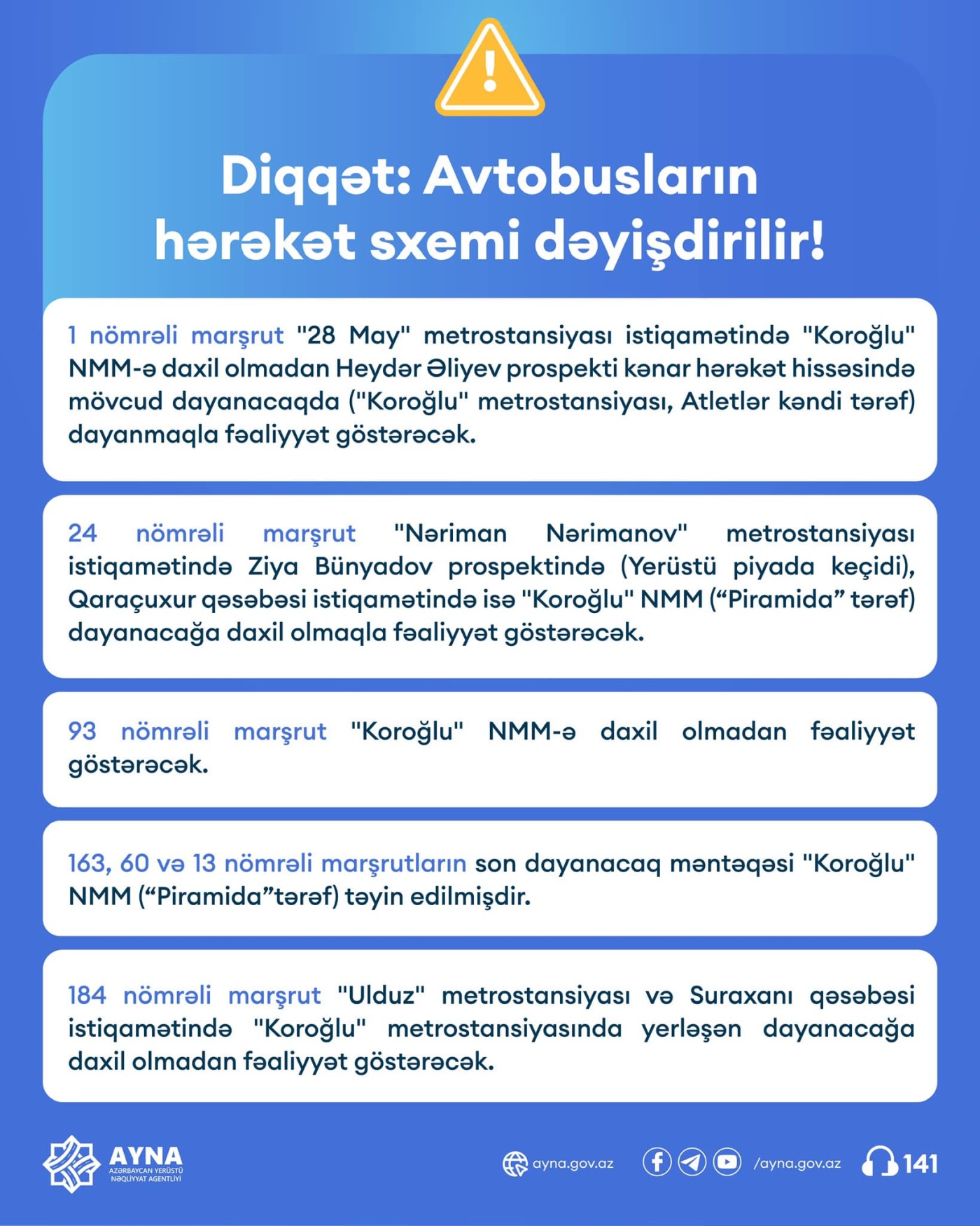 Bu avtobusların hərəkət istiqaməti dəyişdirilir - SİYAHI