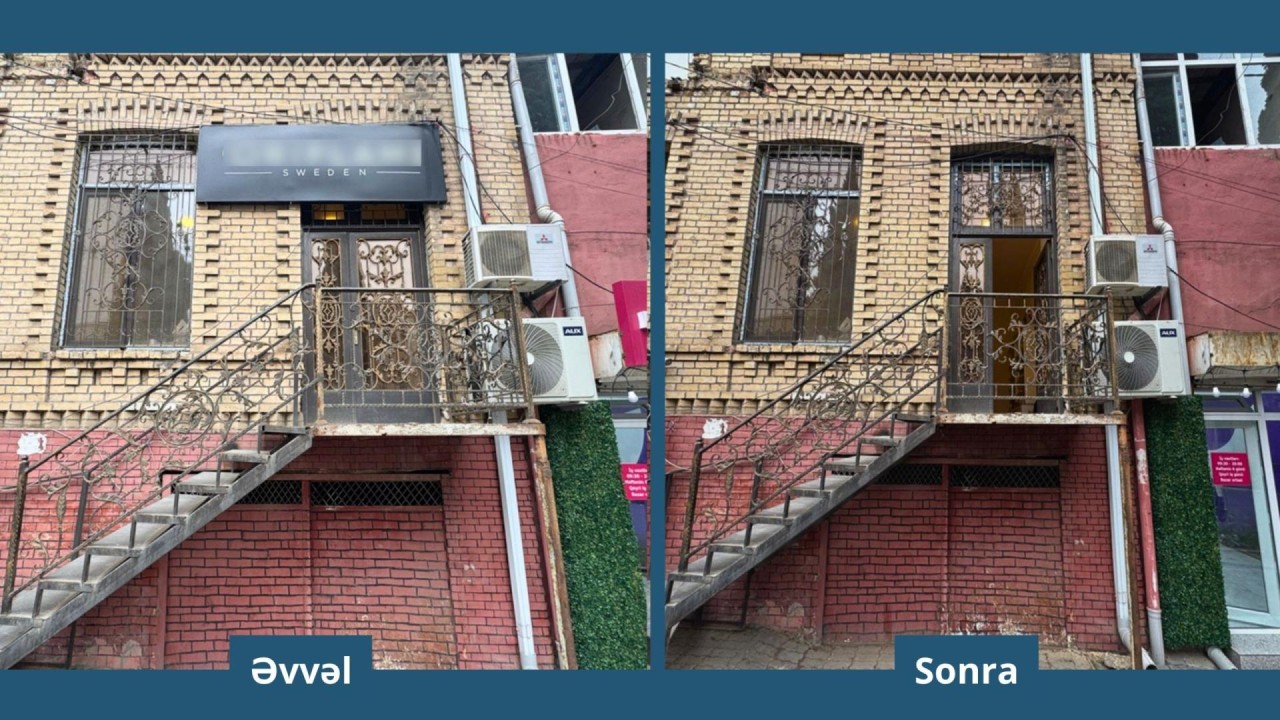 Gəncədə tarixi binaların üzərindəki reklam lövhələri söküldü - FOTOLAR