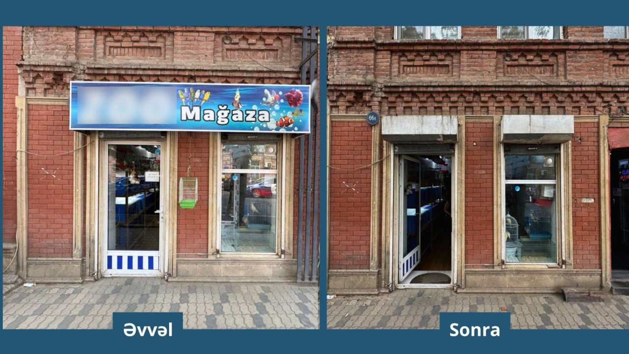 Gəncədə tarixi binaların üzərindəki reklam lövhələri söküldü - FOTOLAR
