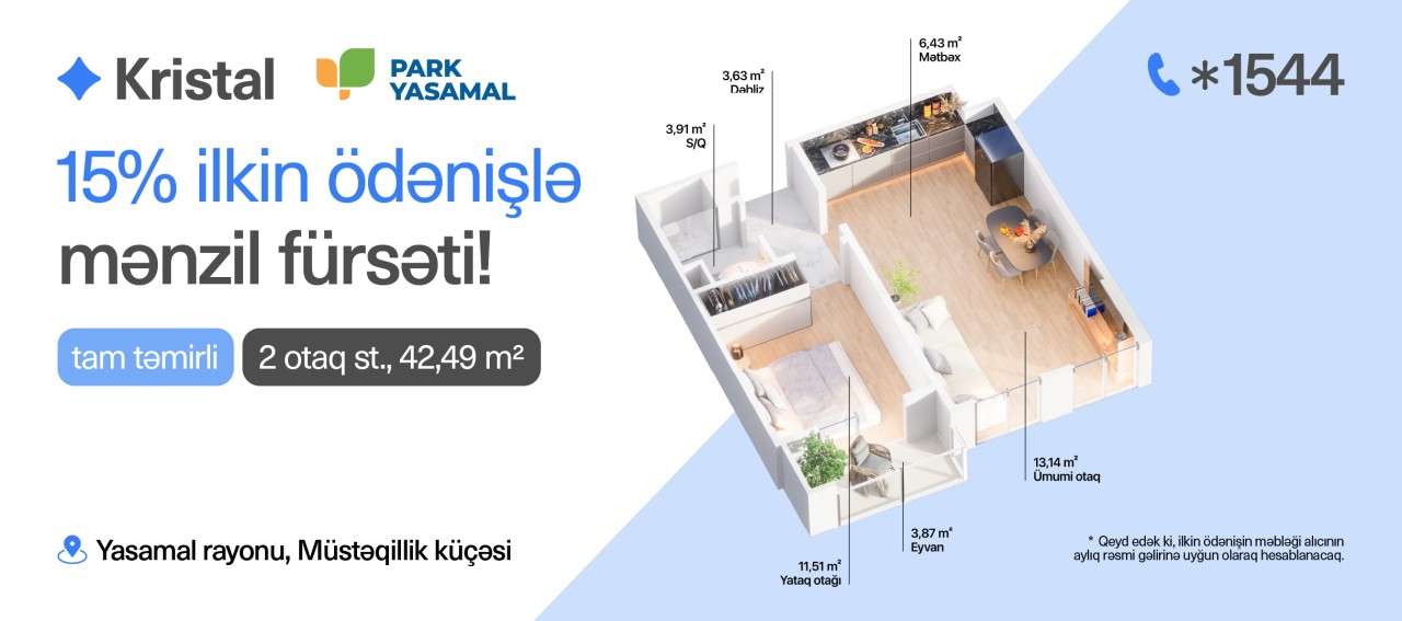 "Park Yasamal"da 2 otaqlı və studiya mənzillər - 15%-dən başlayan ilkin ödənişlə! (FOTOLAR)
