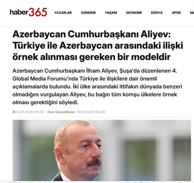 Prezidentin IV Şuşa Qlobal Media Forumundakı çıxışı Türkiyə mediasının diqqət mərkəzində